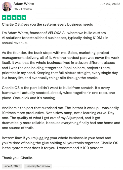 Trustpilot review from Adam White, Veloxa AI